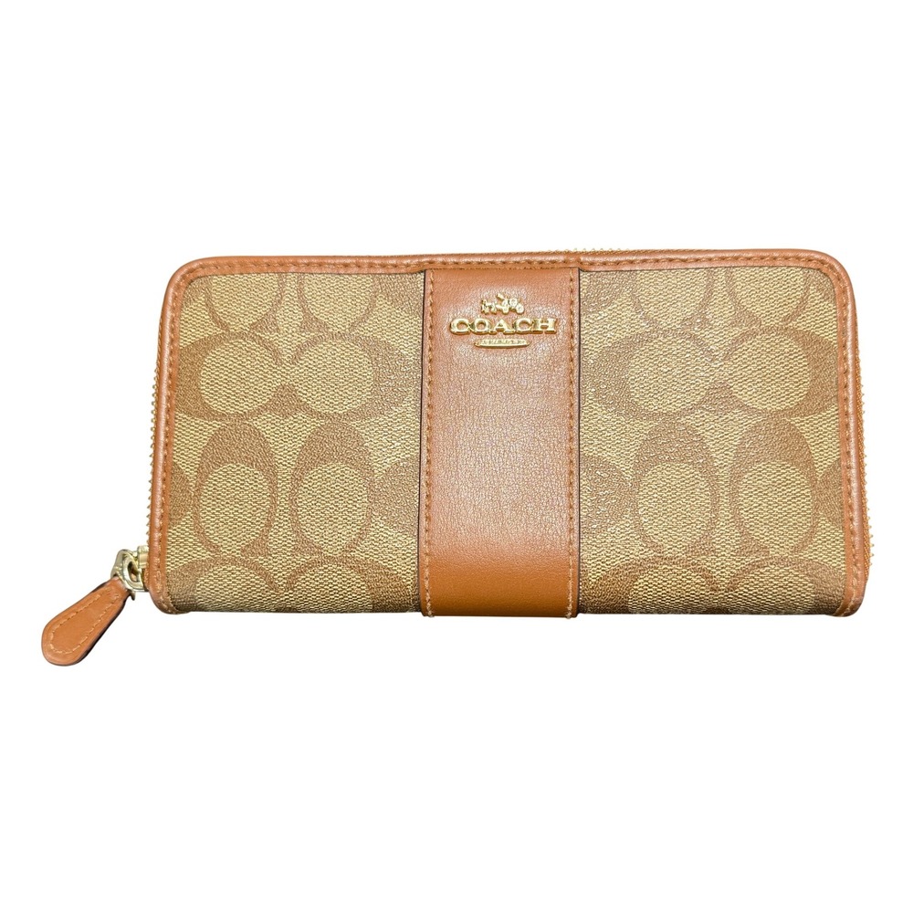 Coach Accordion Zip Wallet Womens OS Brown Signature Canvas Leather Long Wallet
